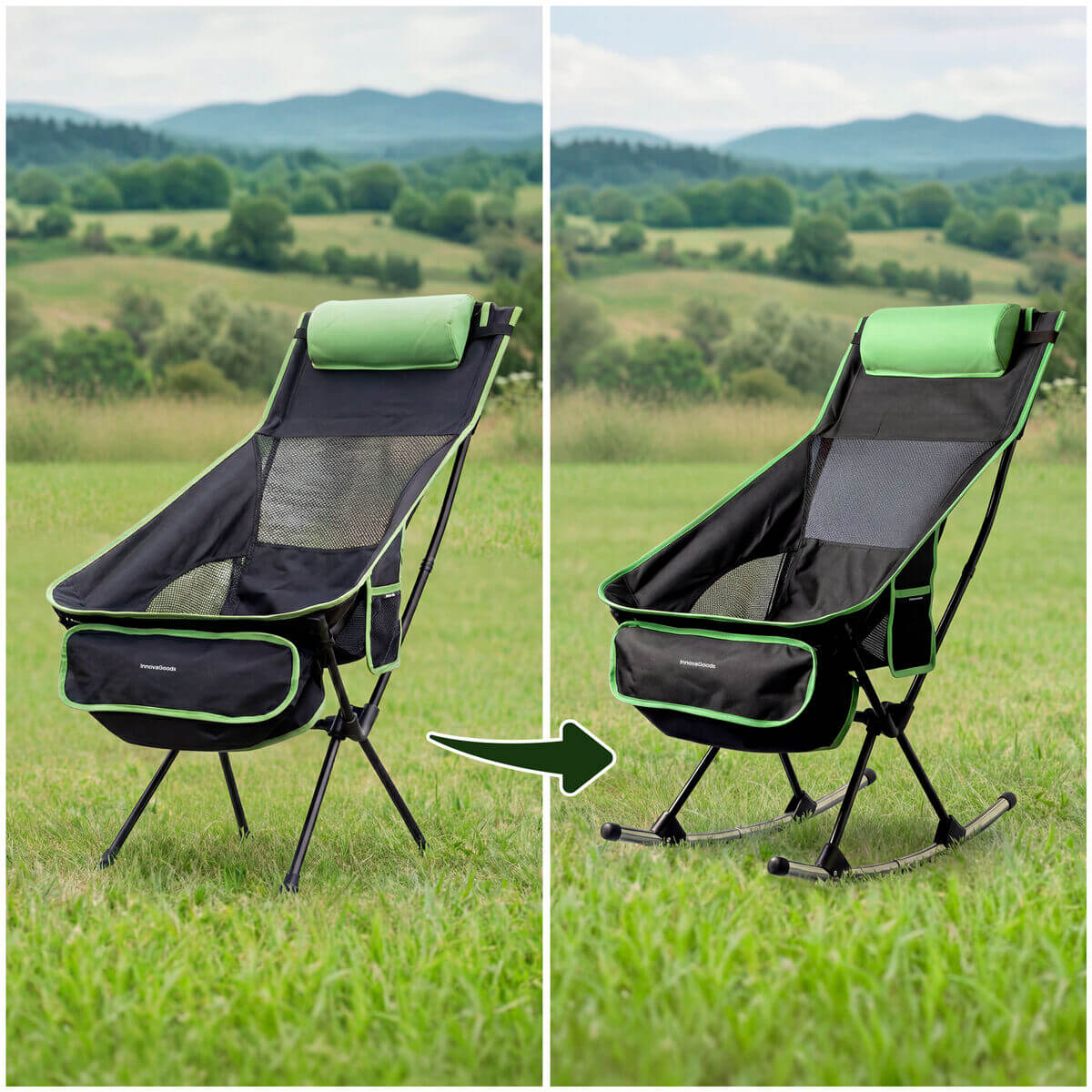 2-i-1 hopfällbar campinggungstol med ficka, kudde och bärväska Trillow InnovaGoods finns hos Aktivcamping