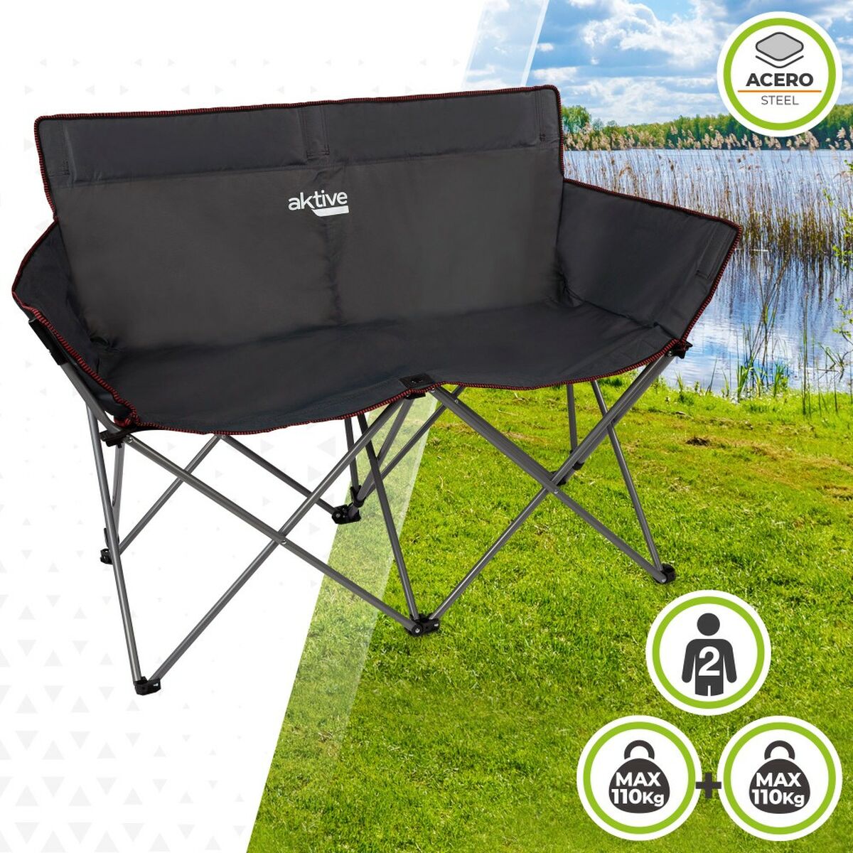 2-mans soffa Aktive Svart Hopfällbar 107 x 88 x 63 cm (set om 2st) finns hos Aktivcamping