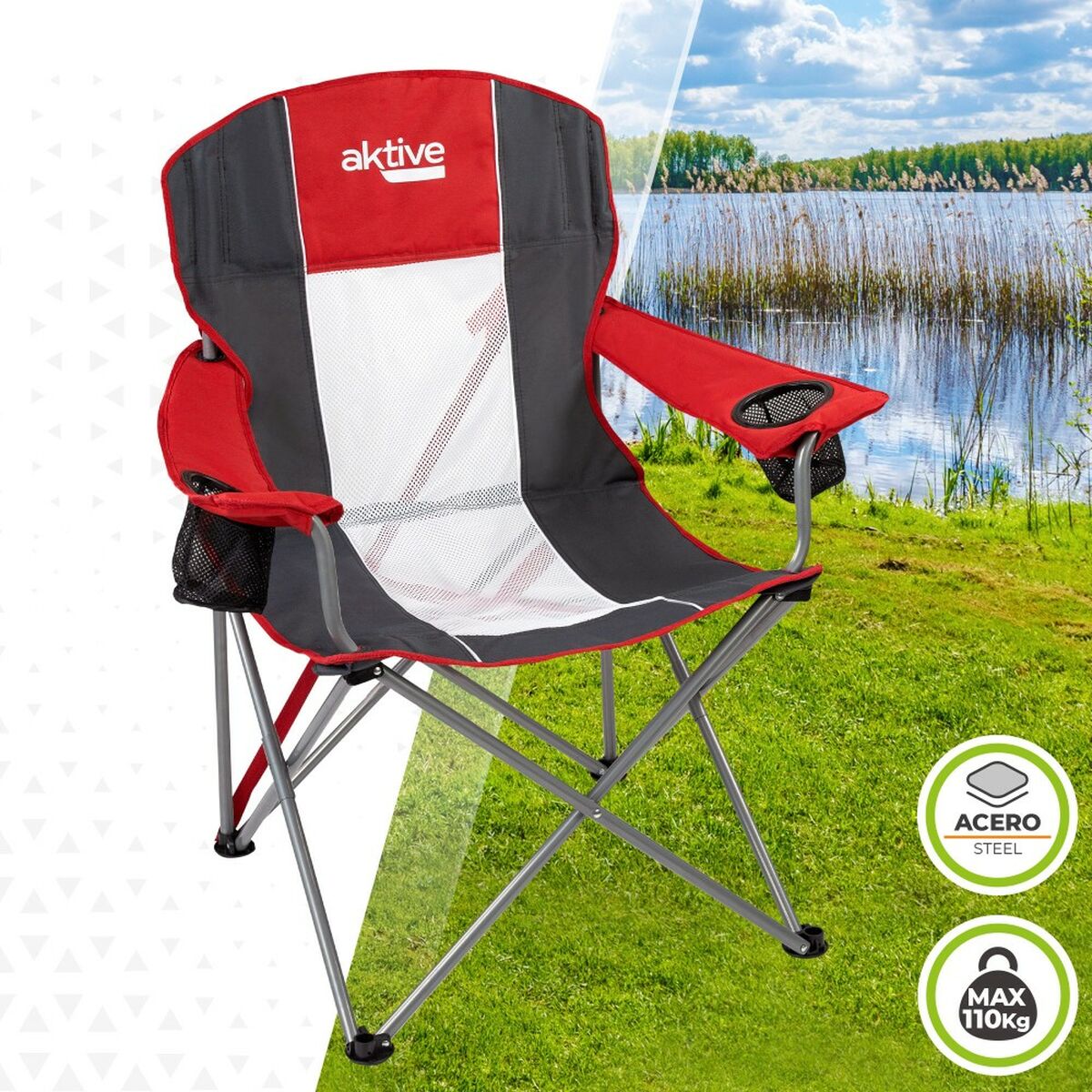 Hopfällbar campingstol Aktive Mörkgrå Röd 56 x 98 x 59 cm (4 antal) finns hos Aktivcamping